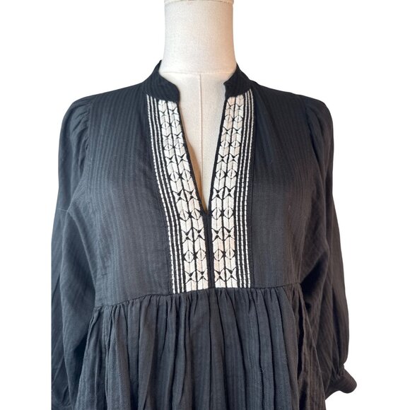 Banana Republic XS Black Peplum Blouse White Embroidery Puff Sleeves - Picture 7 of 12